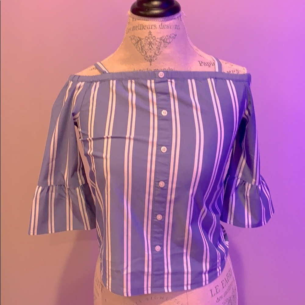 Blue and white striped off the shoulder shirt